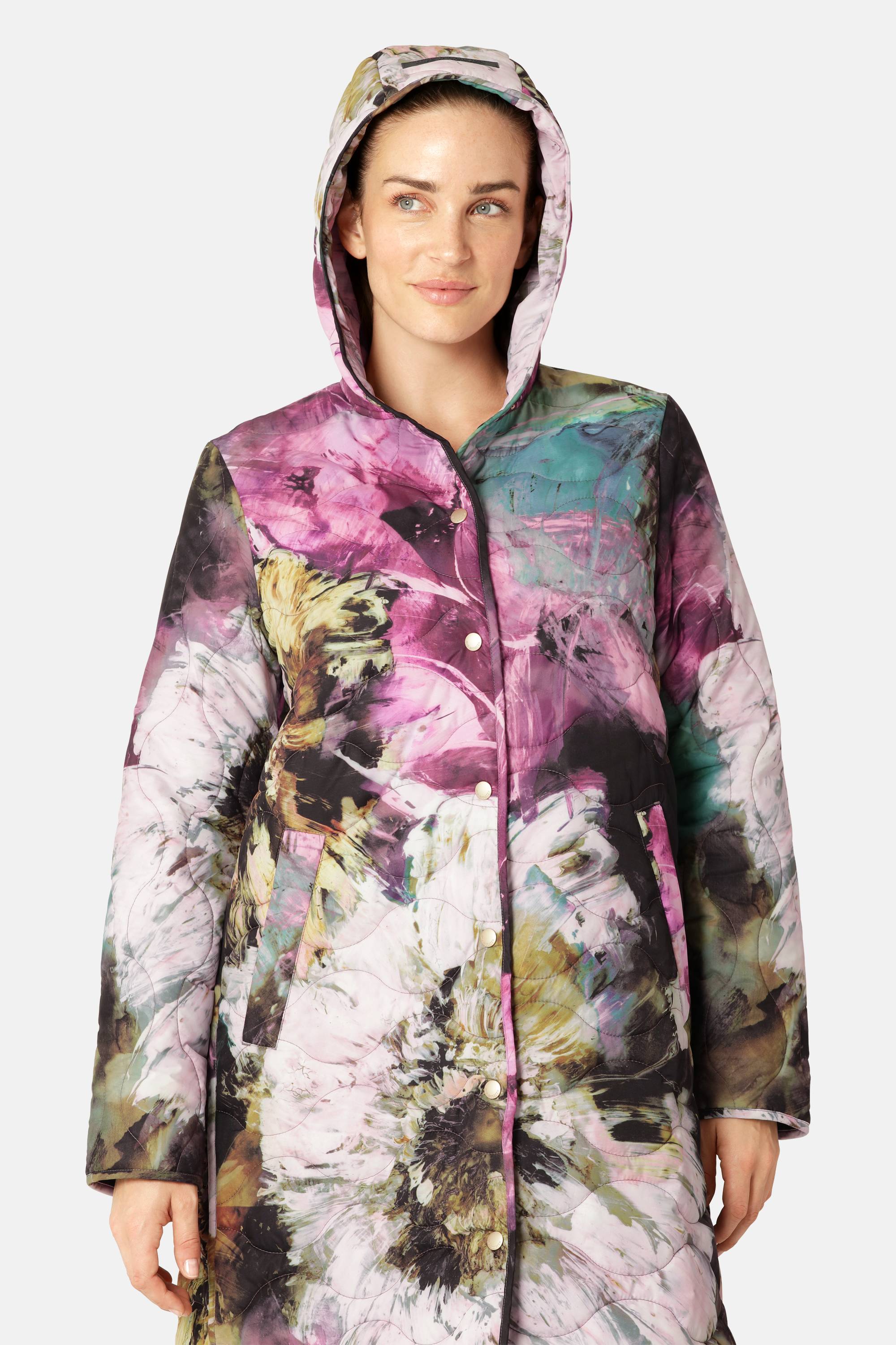 Lang Quiltet Frakke - Artistic Flower Print